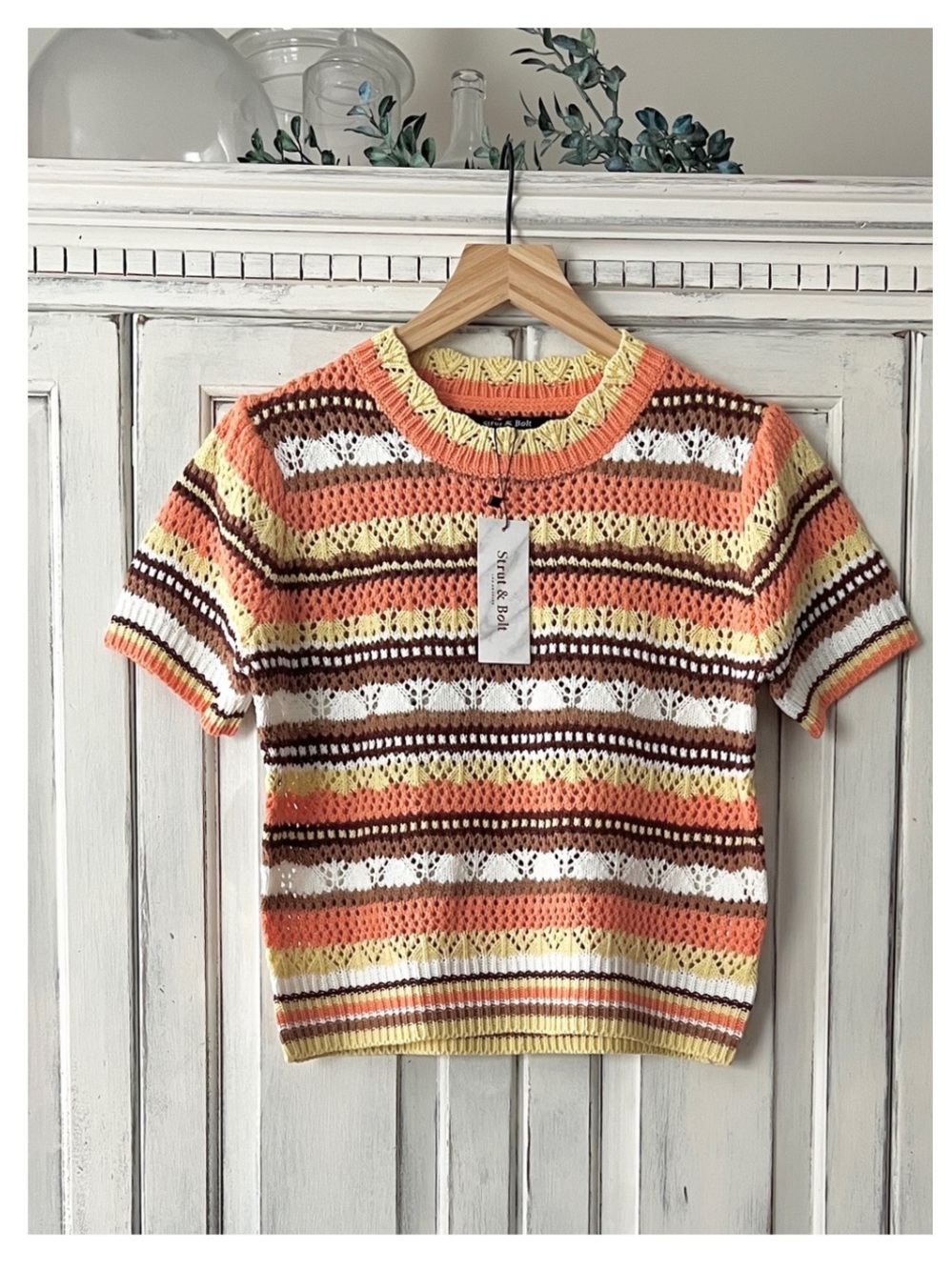 NWT STRUT & BOLT Boho Short Sleeve Crochet Striped Sweater Brown/Orange/Yellow